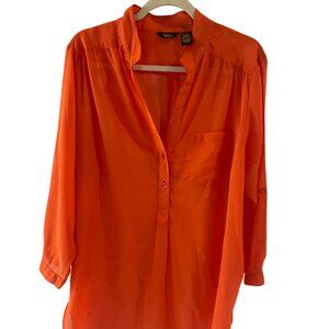 Gold Drama. Women's orange transparent blouse with three-quarter sleeves.Size1X.